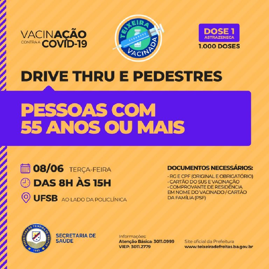 Drive-Thru para pessoas com 55 anos ou mais acontece nesta terça, 8; As UBS irão vacinar lactantes