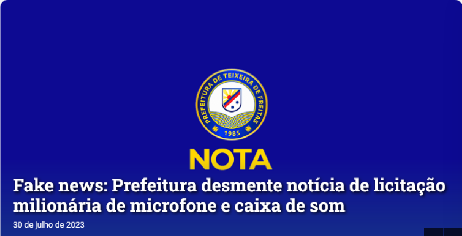 Fake news: Prefeitura desmente notícia de licitação milionária de microfone e caixa de som