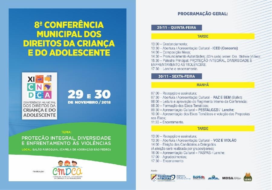  8ª Conferência Municipal dos Direitos da Criança e do Adolescente começa nesta quinta-feira, dia 29