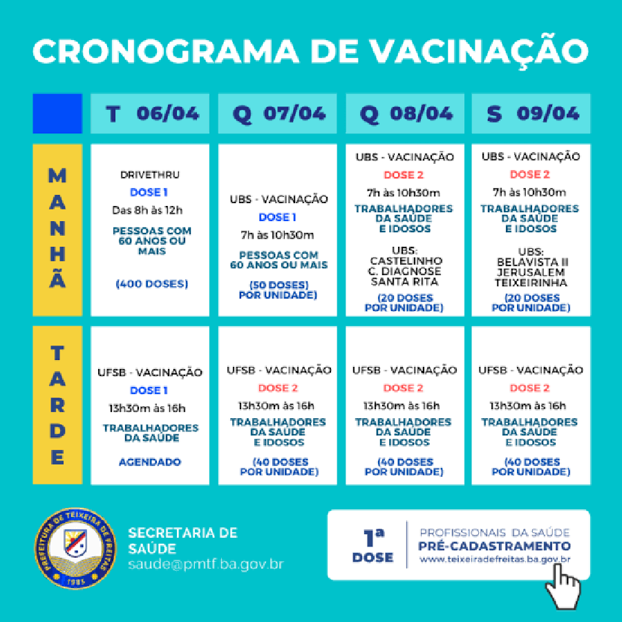 Covid-19: Cronograma da semana para DOSE 1, DOSE 2 e DOSE 3