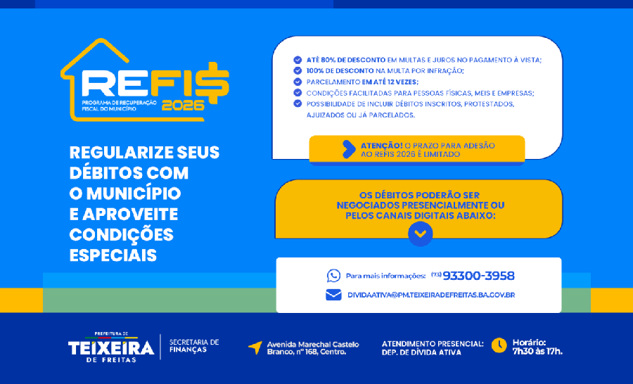 Prefeitura de Teixeira de Freitas lança REFIS 2026 com descontos em multas e juros para regularização de débitos