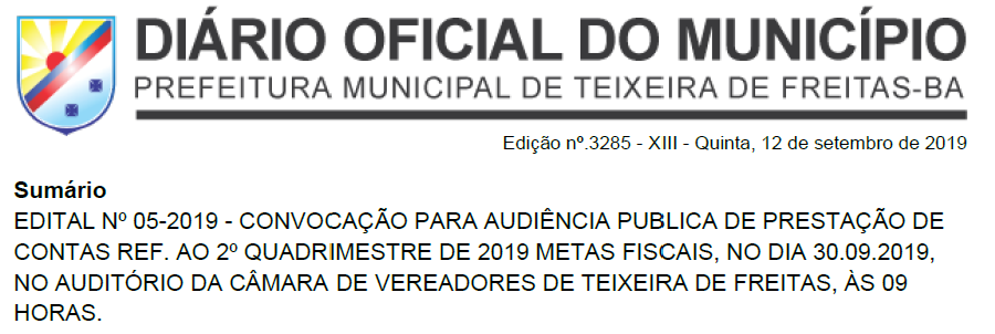 PMTF convoca para Audiência Pública de Prestação de Contas de 2019